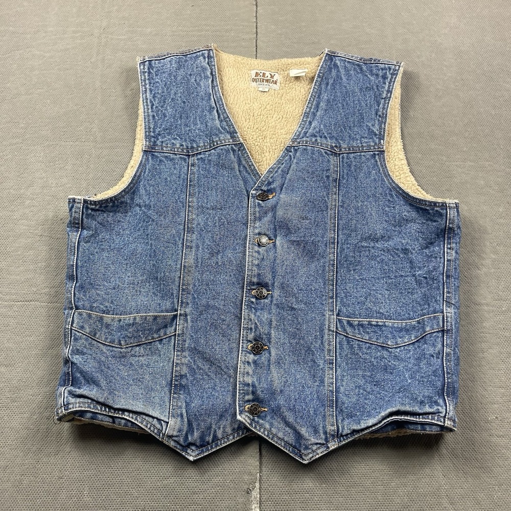 Vintage Ely Outerwear Denim Vest Mens XL Blue Sherpa‎ Lined Bottom Up Western